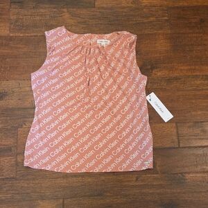 Calvin Klein Pink Pleated Sleeveless Logo Blouse Size M New With Tags